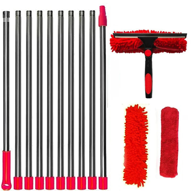 Red Extendable Window Cleaning Kit 100-420cm, 2-in-1 Squeegee and Microfibre Scrubber, 180° Swivel Head