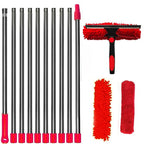 Red Extendable Window Cleaning Kit 100-420cm, 2-in-1 Squeegee and Microfibre Scrubber, 180° Swivel Head