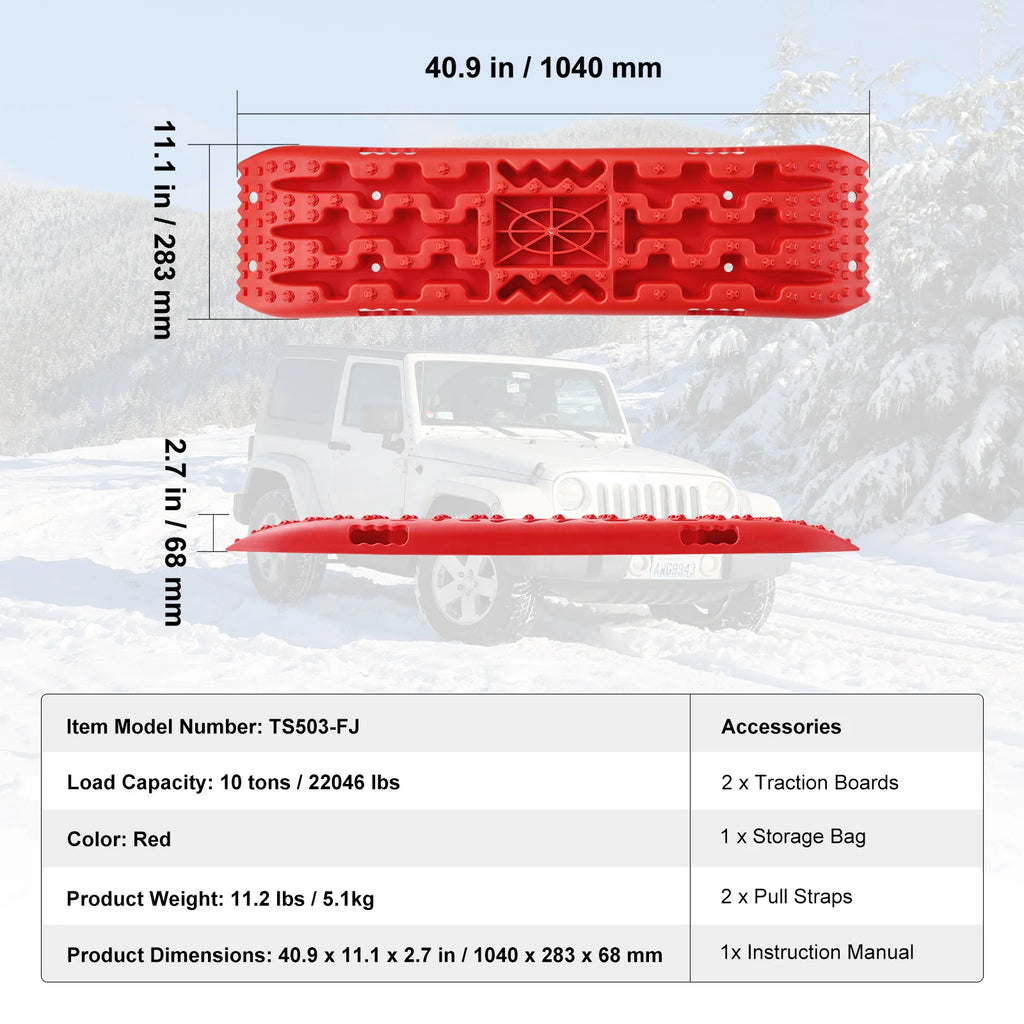 Recovery Traction Boards Pair, 10 Tonne Rated PP Tyre Traction Mats for 4WD, SUV and RV, Red Medium