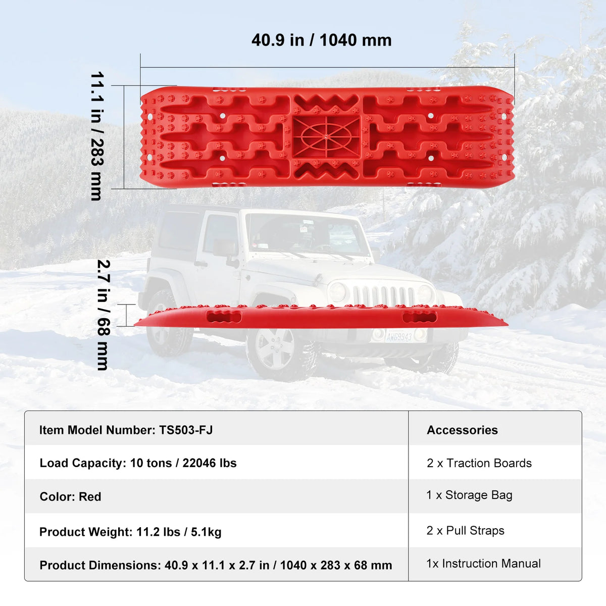Recovery Traction Boards Pair, 10 Tonne Rated PP Tyre Traction Mats for 4WD, SUV and RV, Red Medium