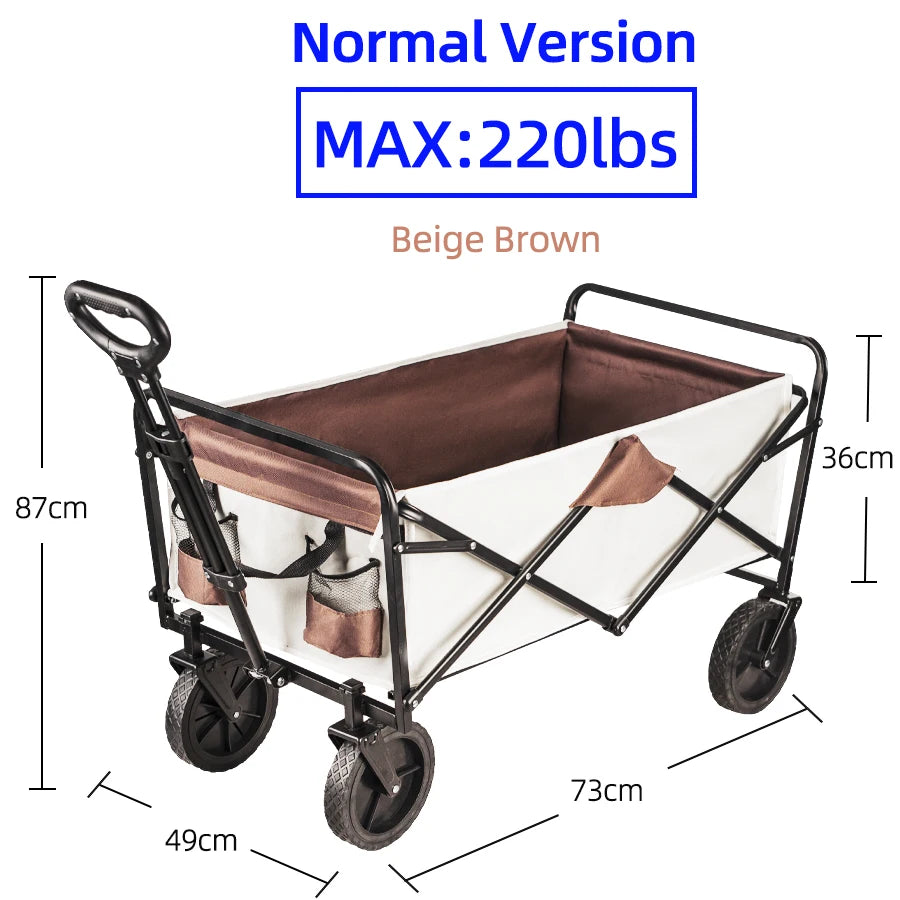 Folding Wagon Cart with All-Terrain Wheels and Brakes, Collapsible Trolley for Camping, Beach and Garden, Beige Brown