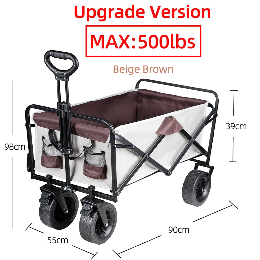 Folding Wagon Cart with All-Terrain Wheels and Brakes, Collapsible Trolley for Camping, Beach and Garden, Beige Brown