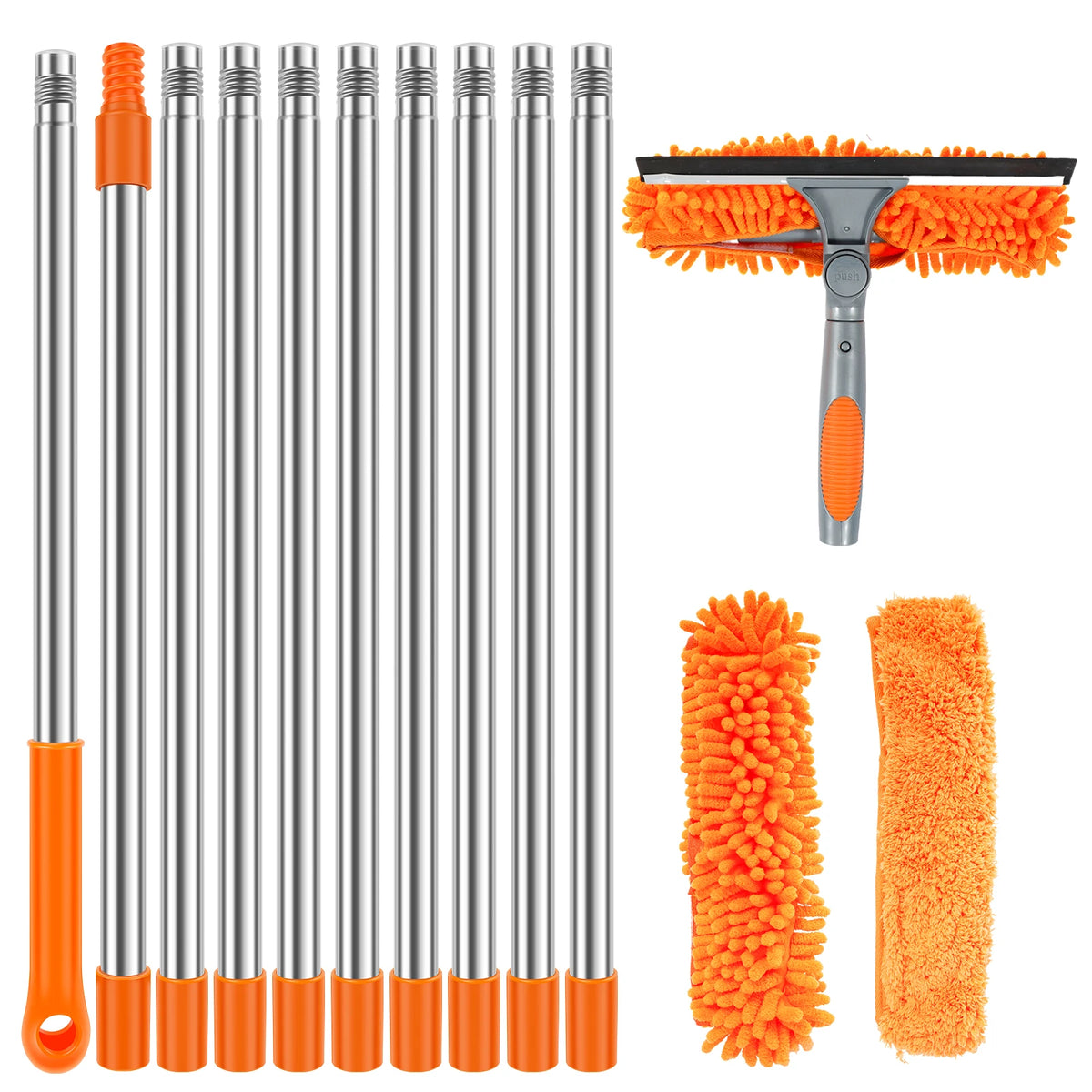 Orange Extendable Window Cleaning Kit 100-420cm, 2-in-1 Squeegee and Microfibre Scrubber, 180° Swivel Head