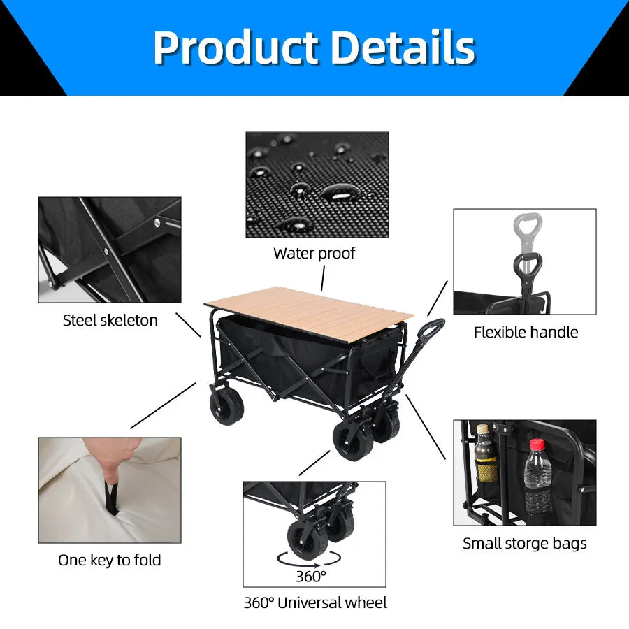 Folding Wagon Cart with All-Terrain Wheels and Brakes, Collapsible Trolley for Camping, Beach and Garden, Black