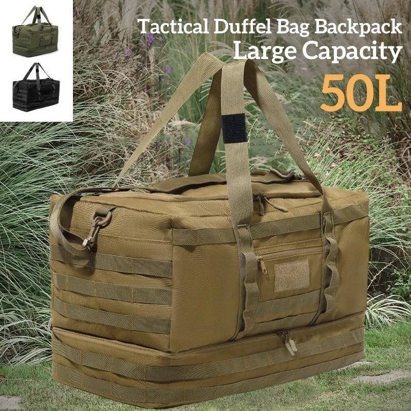 50L Army Green Tactical Duffel Bag in 600D Fabric for Travel, Camping, Hiking and Gym