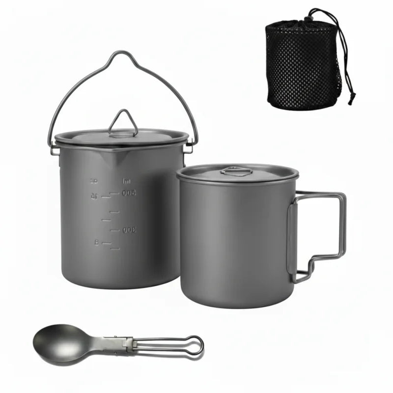 Titanium Camping Cookware Set, 420ml Folding Mug and 750ml Hanging Pot, Lightweight Hiking Kit