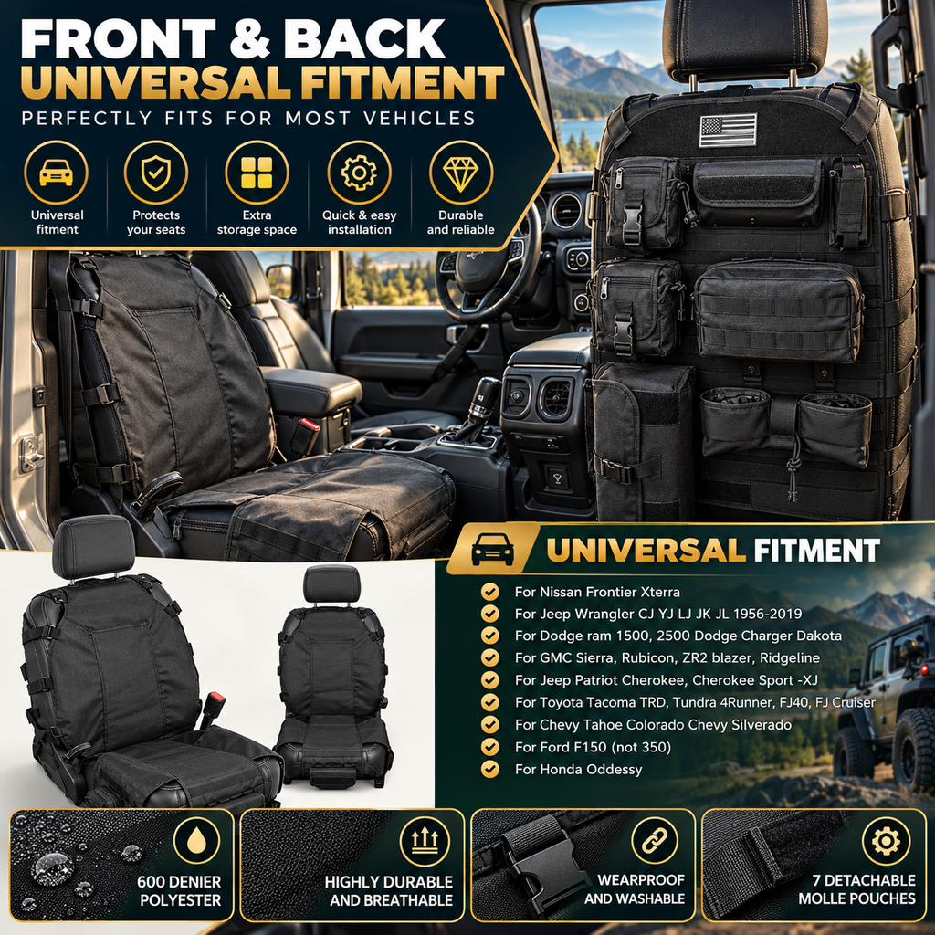 Tactical Seat Back Organiser with 7 MOLLE Pouches, PVC-Lined Seat Cover for 4WDs, Utes and SUVs