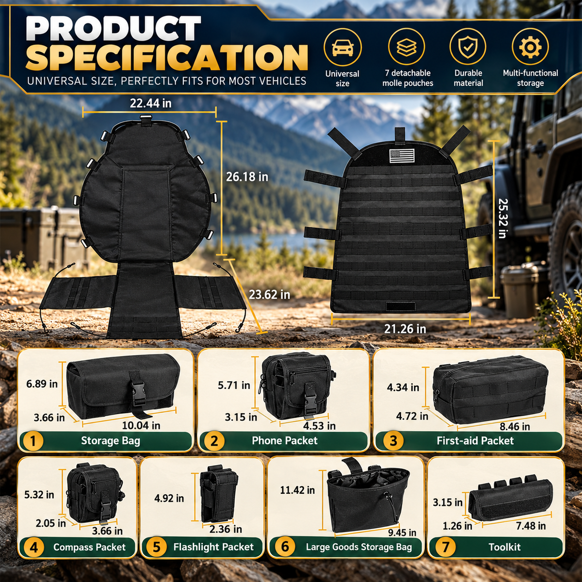 Tactical Seat Back Organiser with 7 MOLLE Pouches, PVC-Lined Seat Cover for 4WDs, Utes and SUVs
