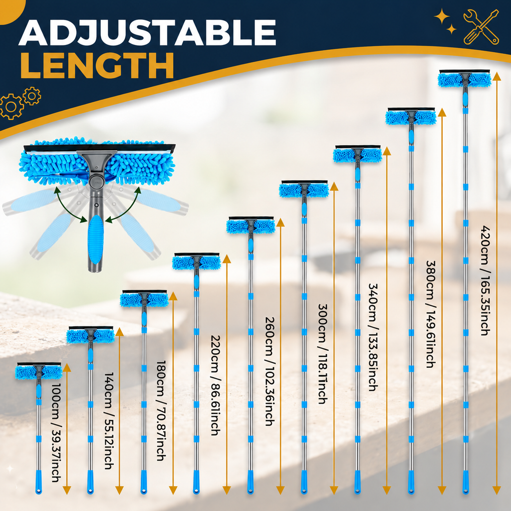 Blue Extendable Window Cleaning Kit 100-420cm, 2-in-1 Squeegee and Microfibre Scrubber, 180° Swivel Head