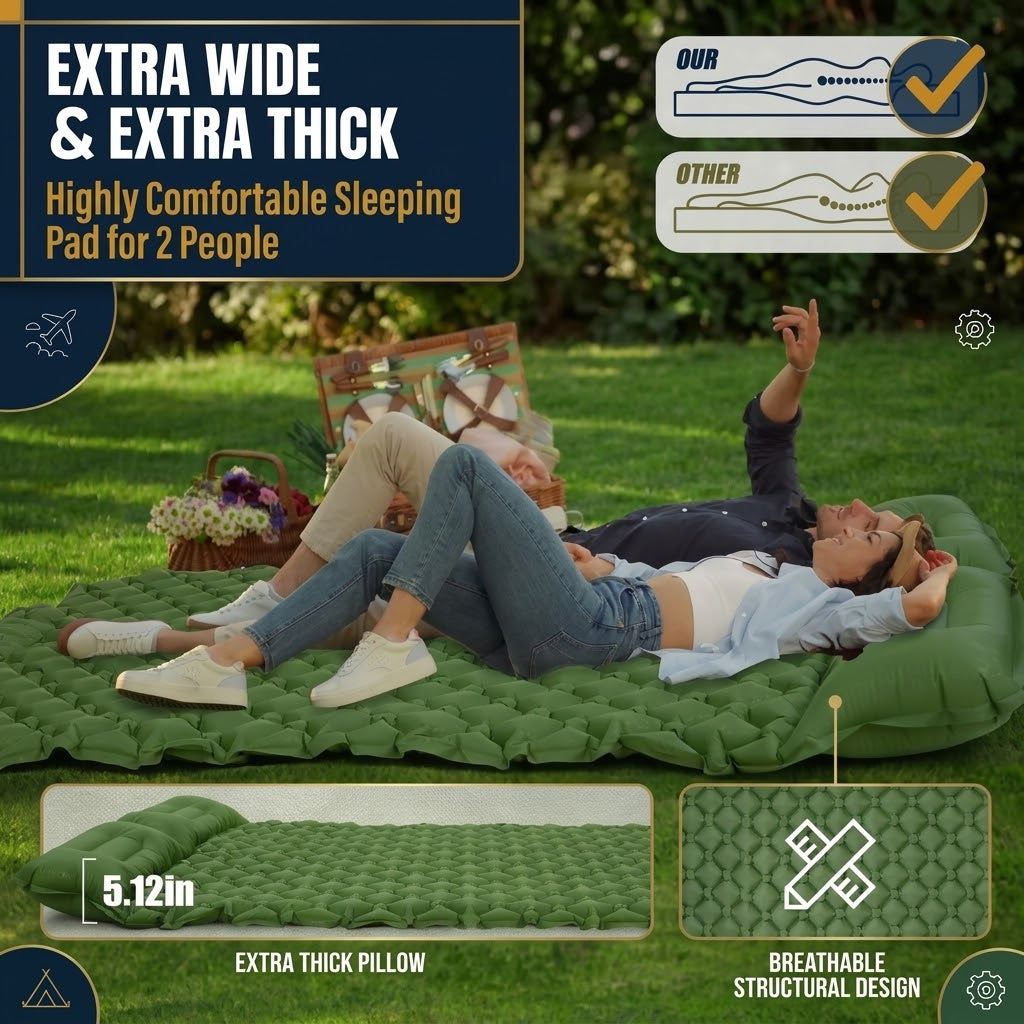 Army Green Double Camping Sleeping Pad with Built-in Foot Pump, Extra Wide Inflatable Mat for Tents