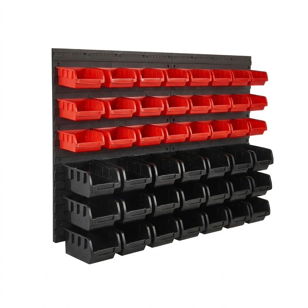 48 Piece Wall Mounted Parts Storage Bins with Wall Panels, Stackable Garage and Workshop Organiser, Red and Black