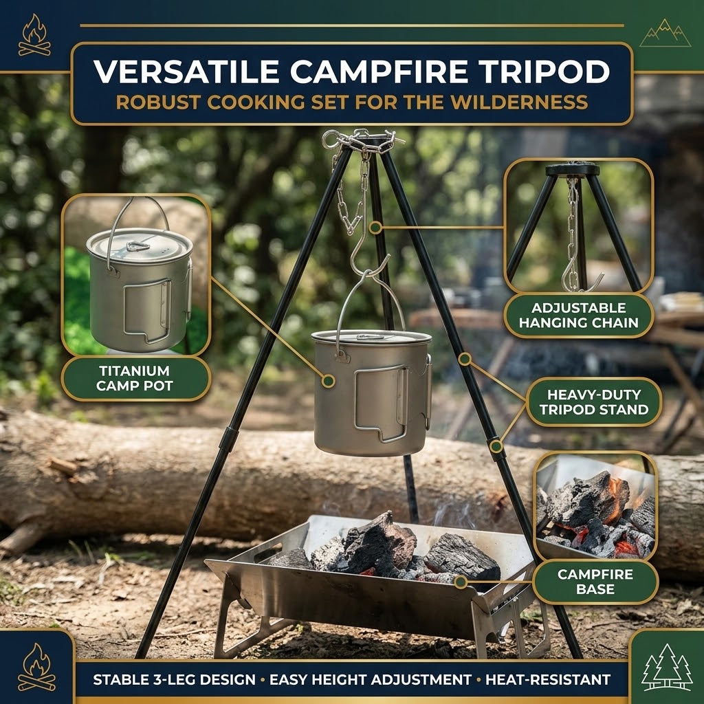 Titanium Camping Cookware Set, 420ml Folding Mug and 750ml Hanging Pot, Lightweight Hiking Kit