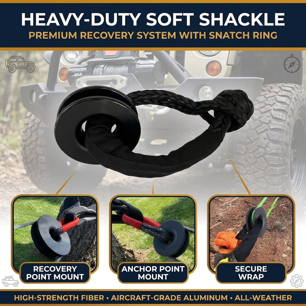 Black Soft Shackle and Snatch Recovery Ring Set, 38,000 lbs UHMWPE Rope Shackle for 4WD Recovery