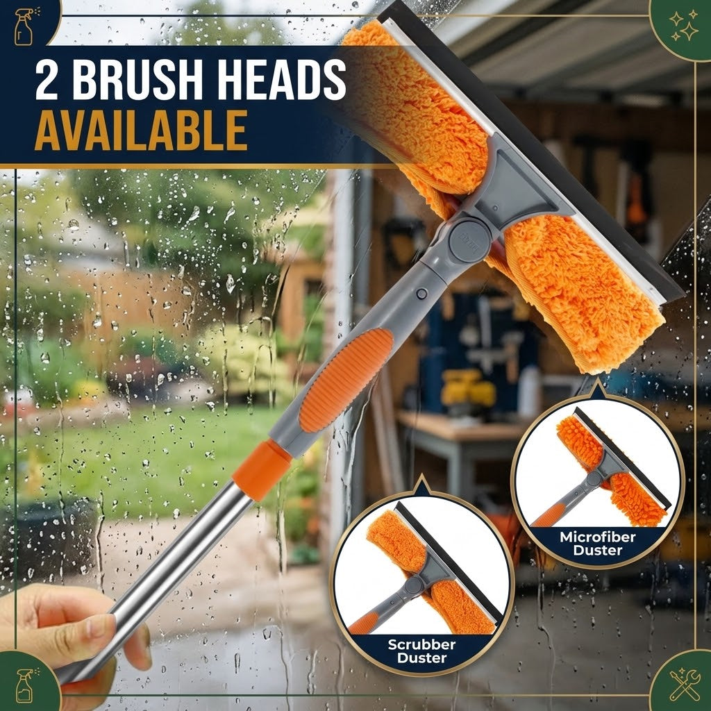 Red Extendable Window Cleaning Kit 100-420cm, 2-in-1 Squeegee and Microfibre Scrubber, 180° Swivel Head