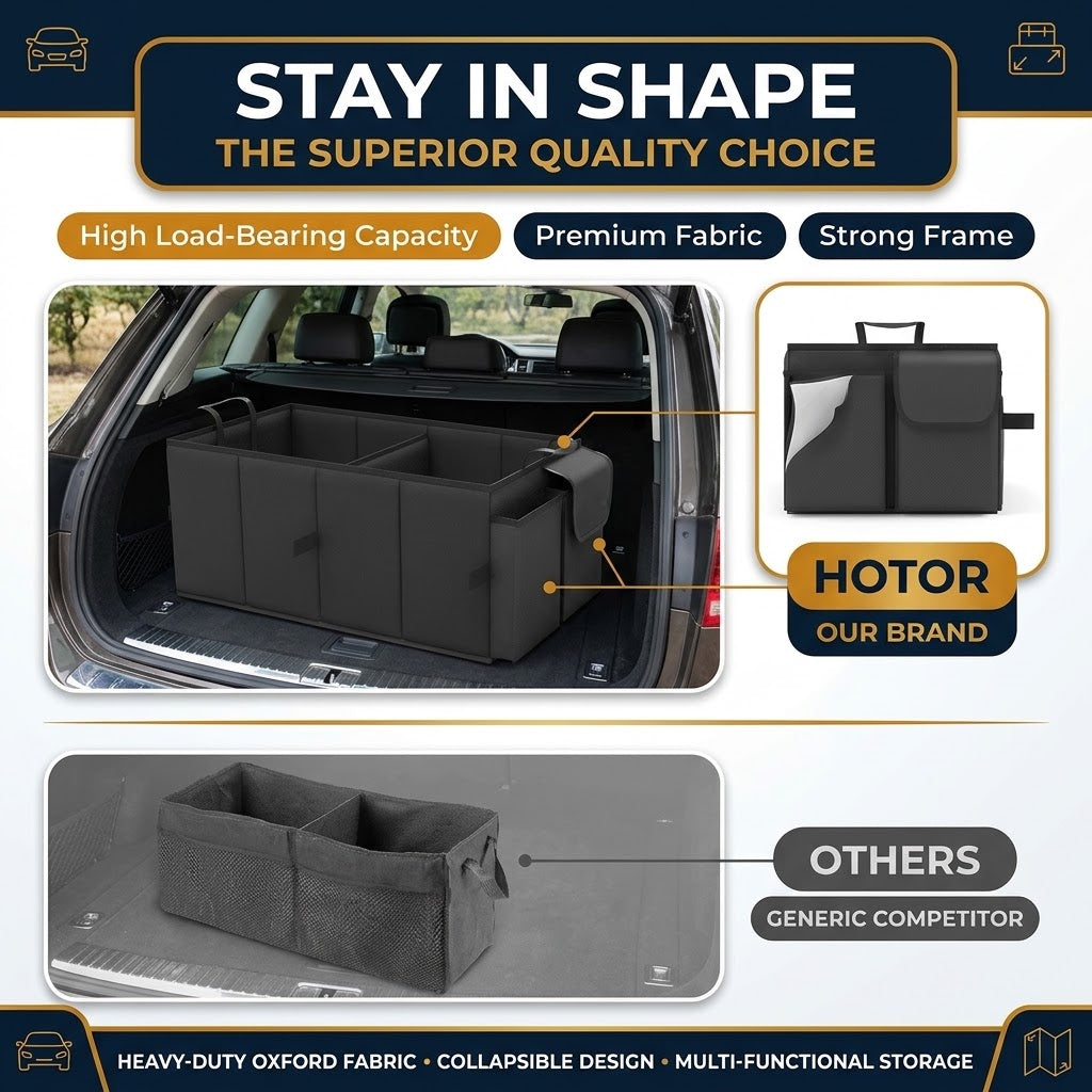 Black Foldable Car Boot Storage Box, Collapsible Polyester Organiser for Groceries and Sports Gear