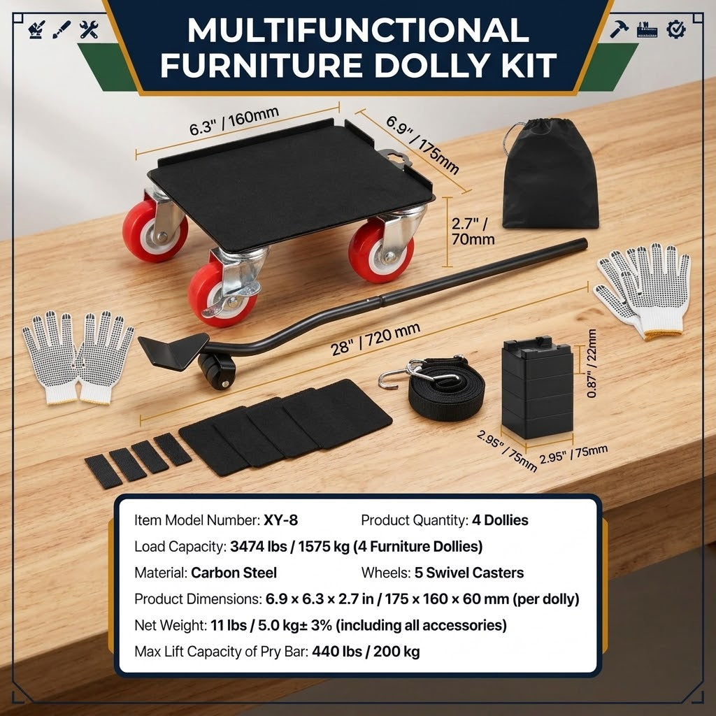 Furniture Dolly Set of 4 with 5 Swivel Wheels, Brakes and Lifting Pry Bar, 3474 lb Total Load Capacity