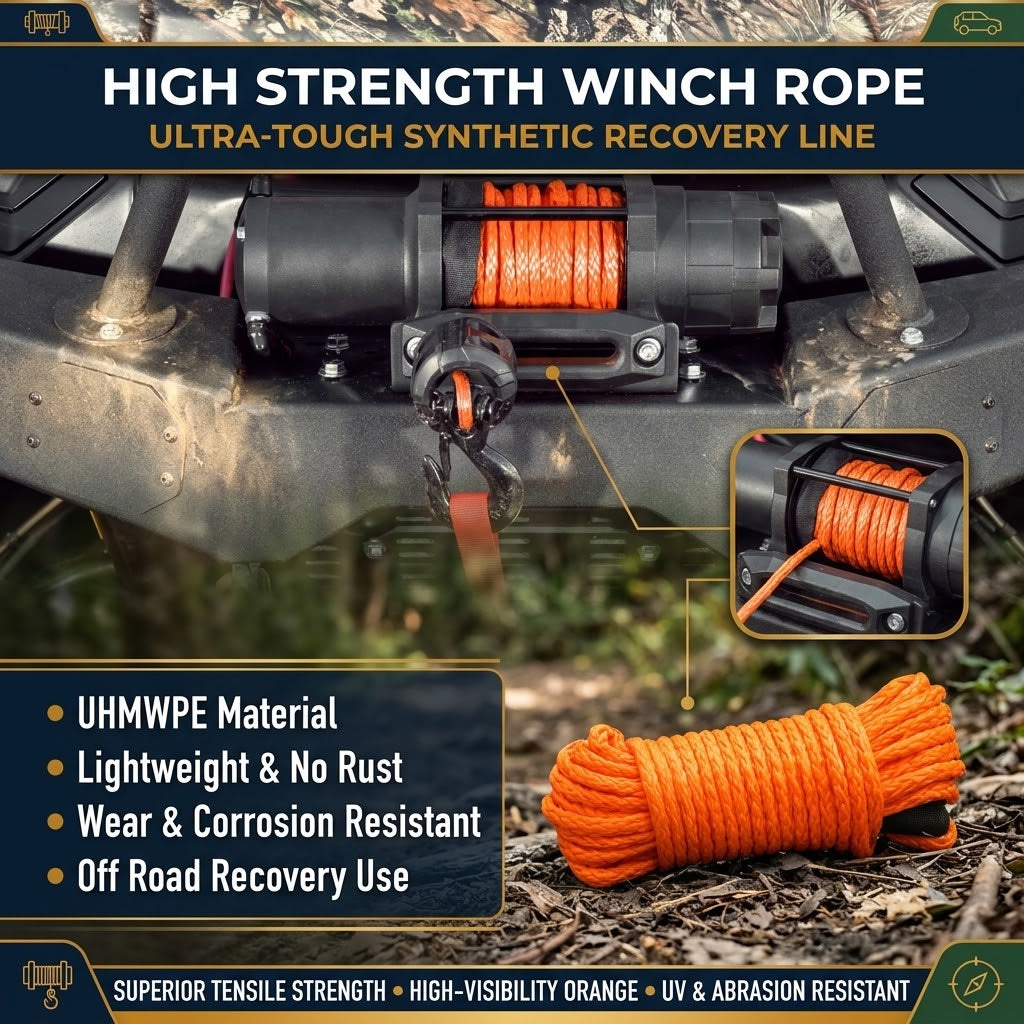 15m Synthetic Winch Rope 6mm, 8000 lbs UHMWPE Winch Line with Forged Hook, Orange