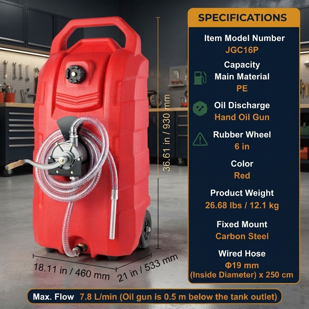 16 Gallon Portable Fuel Caddy with Hand Pump, Wheels and Metal Wire Hose for Petrol, Diesel and Oil
