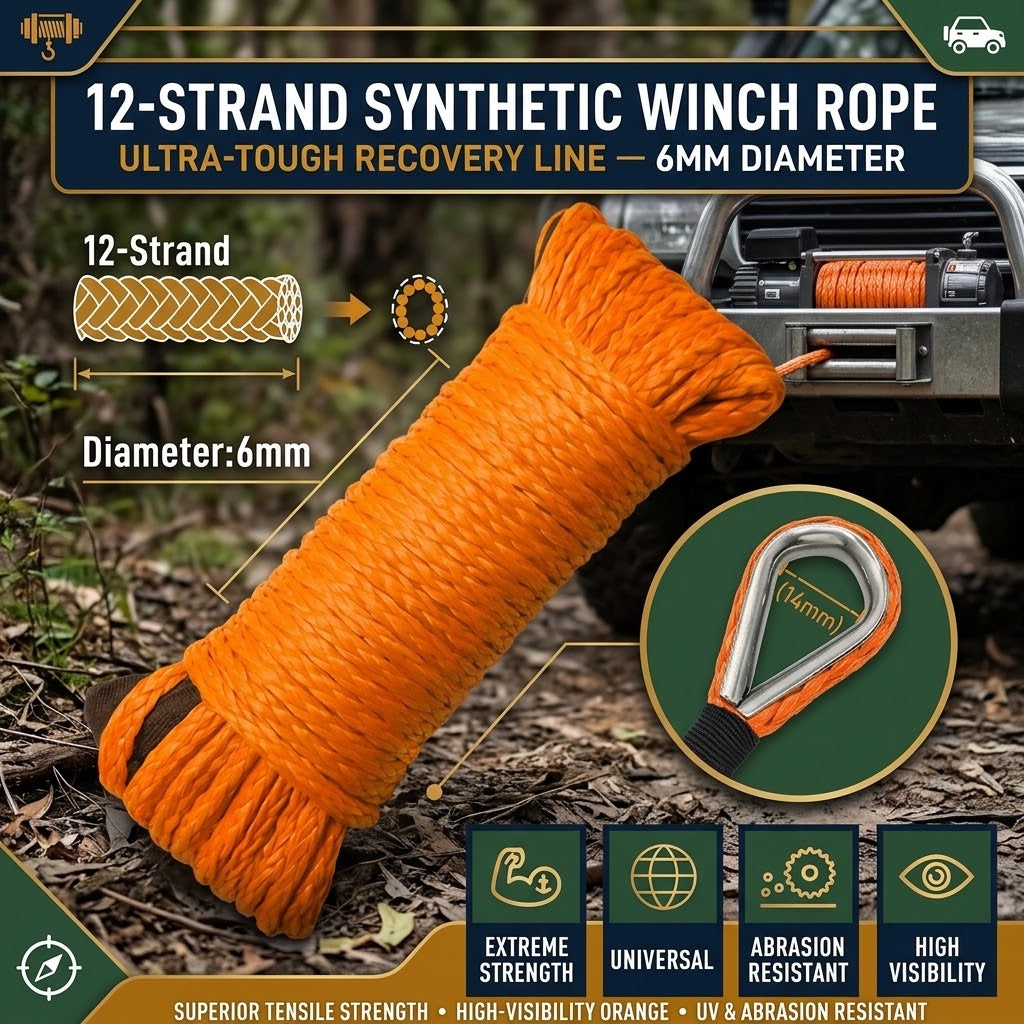 15m Synthetic Winch Rope 6mm, 8000 lbs UHMWPE Winch Line with Forged Hook, Orange