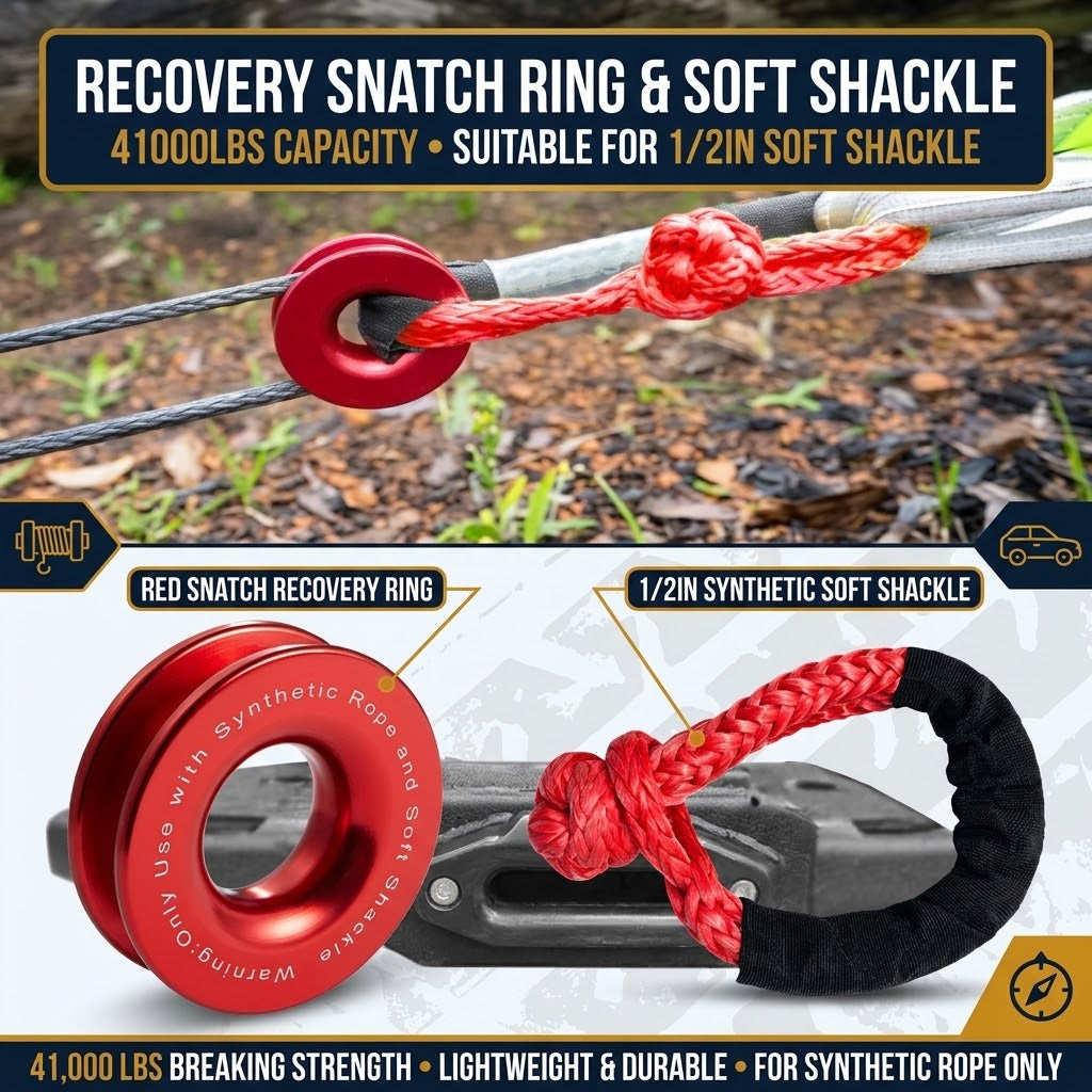 Red Soft Shackle and Snatch Recovery Ring Set, 38,000 lbs UHMWPE Rope Shackle for 4WD Recovery