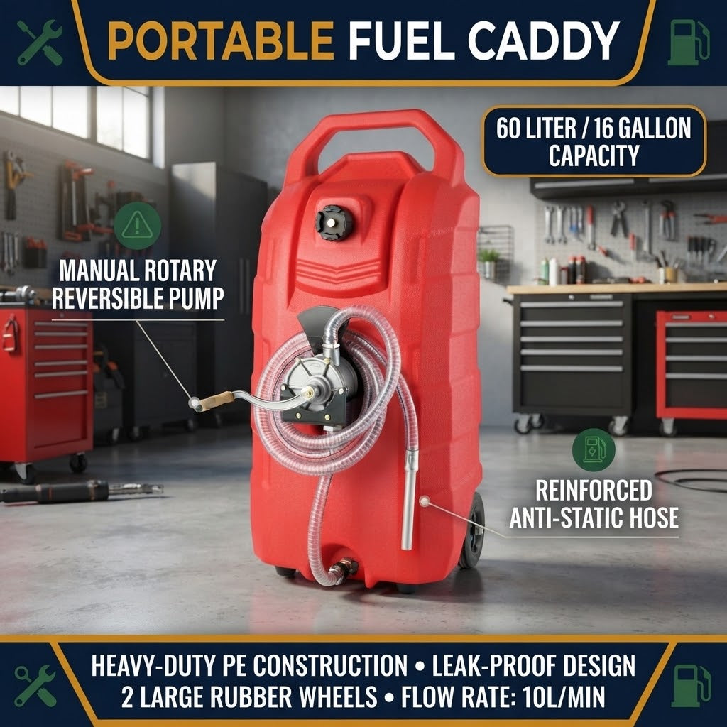 16 Gallon Portable Fuel Caddy with Hand Pump, Wheels and Metal Wire Hose for Petrol, Diesel and Oil