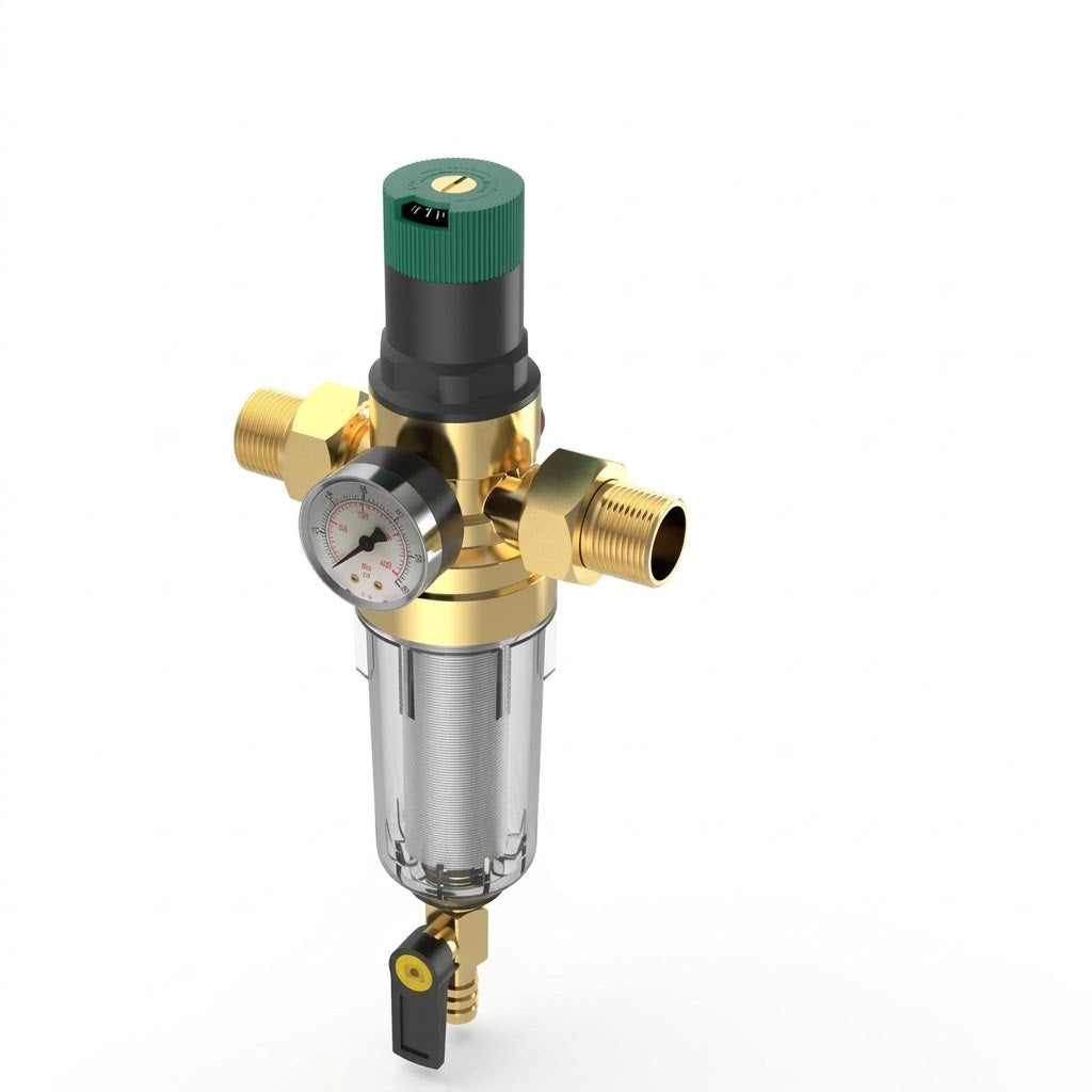 RV Water Pressure Regulator with 40 Micron Filter, Adjustable Brass Valve, 1/2 and 1 Inch